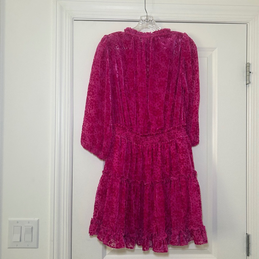 Shoshanna Magenta Pink Burnout Velvet Ruffle Mini Dress 8 Smocked Waist party - Picture 9 of 9